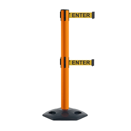 Retractable Dual Belt Barrier Stanchion, Heavy-Duty Rubber Base, 14 ft Belt - Montour Line MSR650D