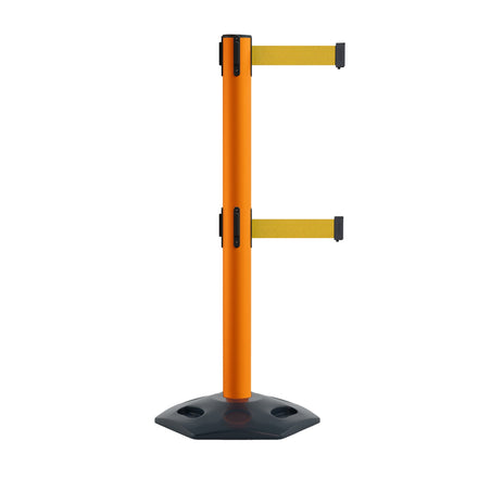 Retractable Dual Belt Barrier Stanchion, Heavy-Duty Rubber Base, 14 ft Belt - Montour Line MSR650D