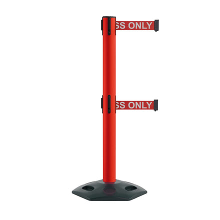Retractable Dual Belt Barrier Stanchion, Heavy-Duty Rubber Base, 14 ft Belt - Montour Line MSR650D