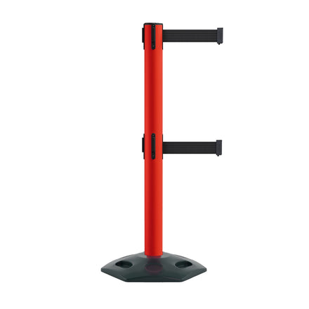 Retractable Dual Belt Barrier Stanchion, Heavy-Duty Rubber Base, 14 ft Belt - Montour Line MSR650D