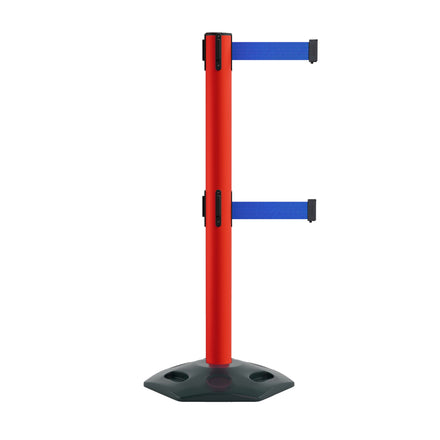 Retractable Dual Belt Barrier Stanchion, Heavy-Duty Rubber Base, 14 ft Belt - Montour Line MSR650D