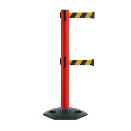 Retractable Dual Belt Barrier Stanchion, Heavy-Duty Rubber Base, 14 ft Belt - Montour Line MSR650D