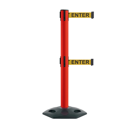 Retractable Dual Belt Barrier Stanchion, Heavy-Duty Rubber Base, 14 ft Belt - Montour Line MSR650D