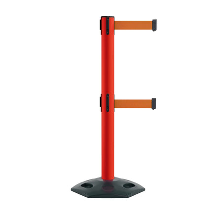 Retractable Dual Belt Barrier Stanchion, Heavy-Duty Rubber Base, 14 ft Belt - Montour Line MSR650D