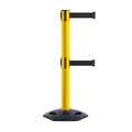 Retractable Dual Belt Barrier Stanchion, Heavy-Duty Rubber Base, 14 ft Belt - Montour Line MSR650D