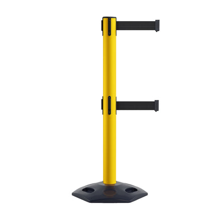 Retractable Dual Belt Barrier Stanchion, Heavy-Duty Rubber Base, 14 ft Belt - Montour Line MSR650D
