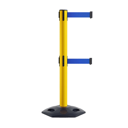 Retractable Dual Belt Barrier Stanchion, Heavy-Duty Rubber Base, 14 ft Belt - Montour Line MSR650D