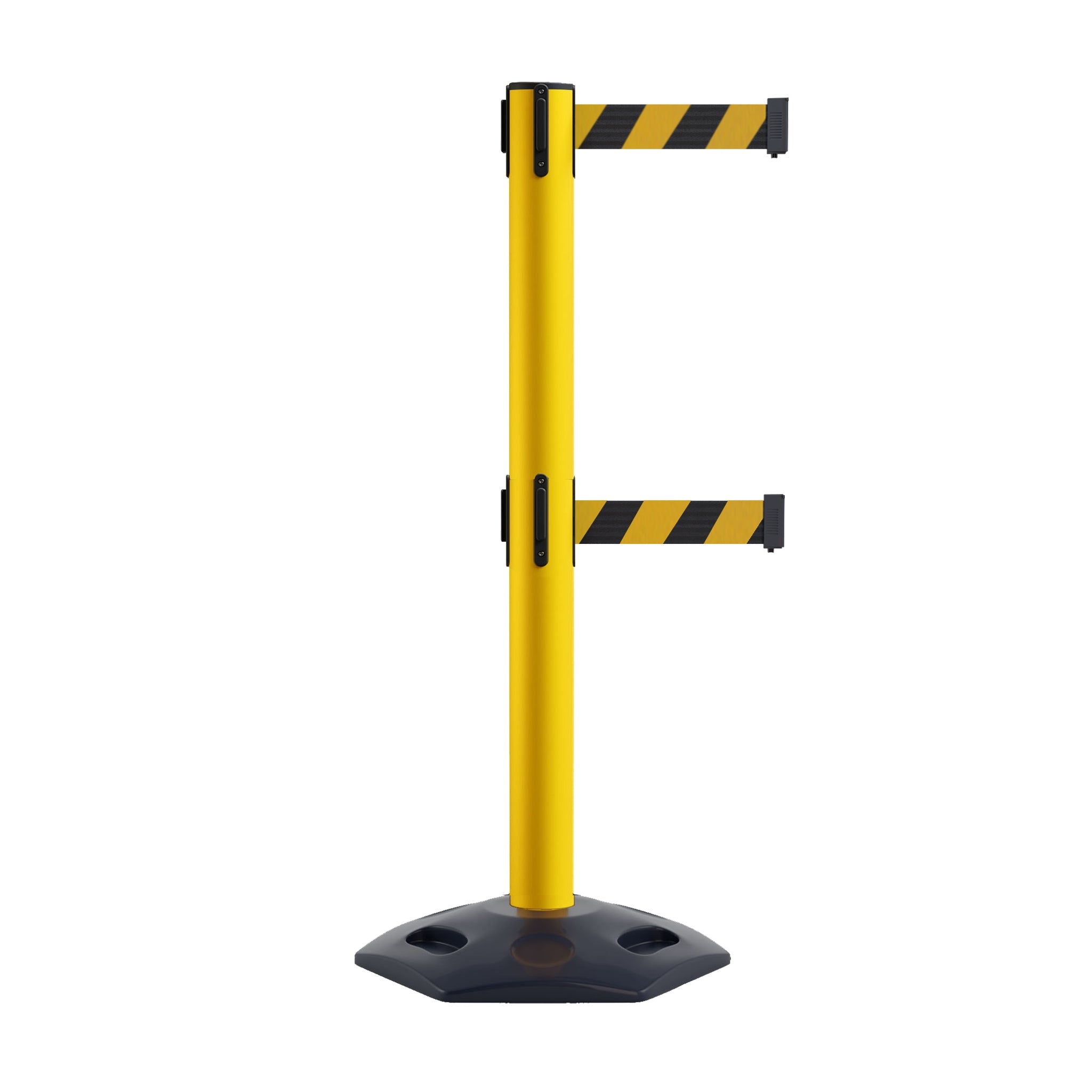 Retractable Dual Belt Barrier Stanchion, Heavy-Duty Rubber Base, Yellow Steel Post, 16 ft Belt - Montour Line MSR650D