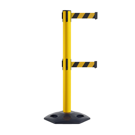 Retractable Dual Belt Barrier Stanchion, Heavy-Duty Rubber Base, Yellow Steel Post, 14 ft Belt - Montour Line MSR650D