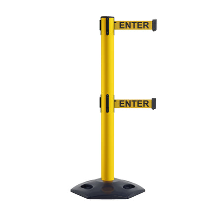 Retractable Dual Belt Barrier Stanchion, Heavy-Duty Rubber Base, 14 ft Belt - Montour Line MSR650D
