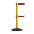 Retractable Dual Belt Barrier Stanchion, Heavy-Duty Rubber Base, 14 ft Belt - Montour Line MSR650D