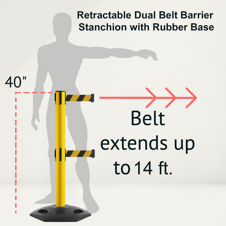 Retractable Dual Belt Barrier Stanchion, Heavy-Duty Rubber Base, 14 ft Belt - Montour Line MSR650D