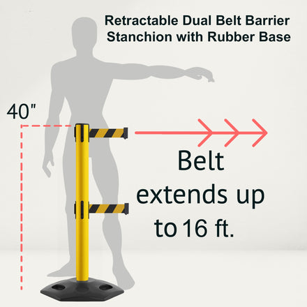 Retractable Dual Belt Barrier Stanchion, Heavy-Duty Rubber Base, 16 ft Belt - Montour Line MSR650D