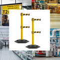 Retractable Dual Belt Barrier Stanchion, Heavy-Duty Rubber Base, 14 ft Belt - Montour Line MSR650D