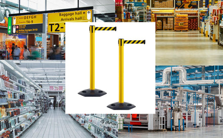 Retractable Belt Barrier Stanchion, Heavy-Duty Rubber Base, 16 ft Belt - Montour Line MSR650