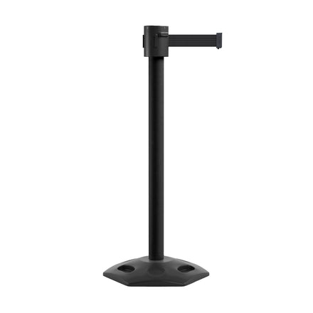 Retractable Belt Barrier Stanchion, Rubber Base, Black Powder Coated Post, 35 ft Belt - Montour Line MSR760