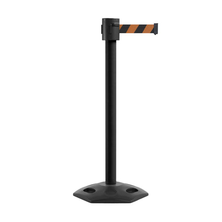 Retractable Belt Barrier Stanchion, Rubber Base, Black Powder Coated Post, 35 ft Belt - Montour Line MSR760