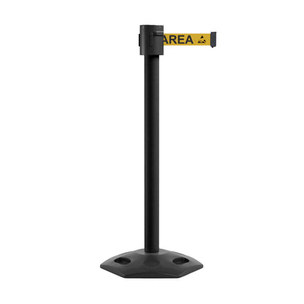 Retractable Belt Barrier Stanchion, Rubber Base, Black Powder Coated Post, 35 ft Belt - Montour Line MSR760