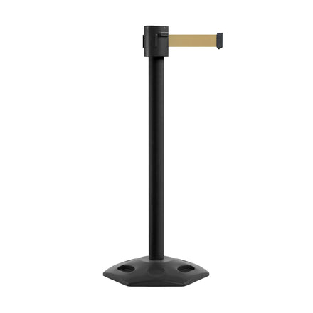 Retractable Belt Barrier Stanchion, Rubber Base, Black Powder Coated Post, 35 ft Belt - Montour Line MSR760