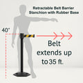 Retractable Belt Barrier Stanchion, Rubber Base, Black Powder Coated Post, 35 ft Belt - Montour Line MSR760