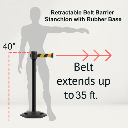 Retractable Belt Barrier Stanchion, Rubber Base, Black Powder Coated Post, 35 ft Belt - Montour Line MSR760
