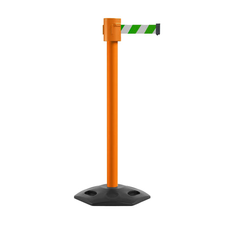 Retractable Belt Barrier Stanchion, Rubber Base, Orange Post, 35 ft Belt - Montour Line MSR760