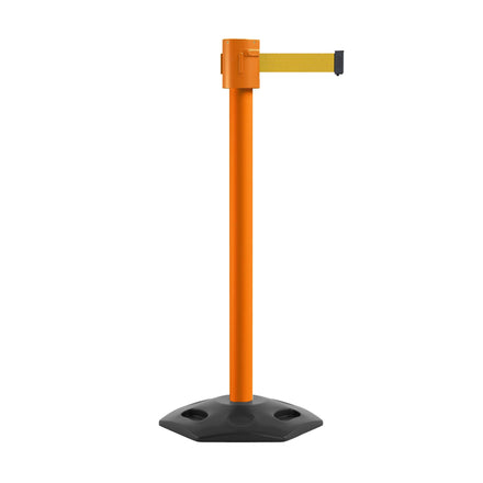 Retractable Belt Barrier Stanchion, Rubber Base, Orange Post, 35 ft Belt - Montour Line MSR760