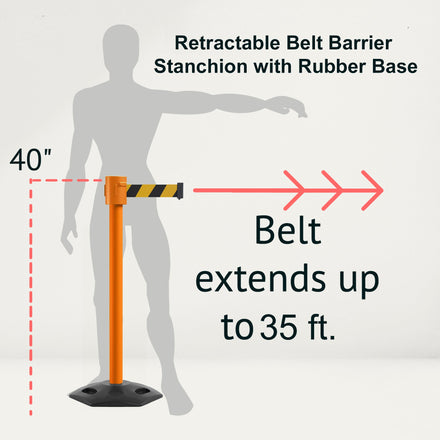 Retractable Belt Barrier Stanchion, Rubber Base, Orange Post, 35 ft Belt - Montour Line MSR760