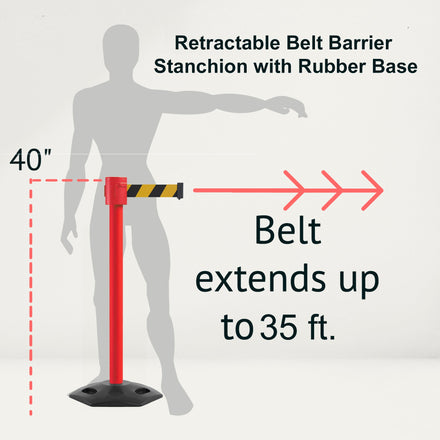 Retractable Belt Barrier Stanchion, Rubber Base, Red Post, 35 ft Belt - Montour Line MSR760