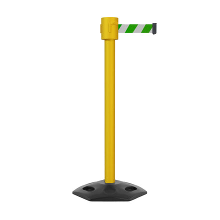 Retractable Belt Barrier Stanchion, Rubber Base, Yellow Post, 35 ft Belt - Montour Line MSR760