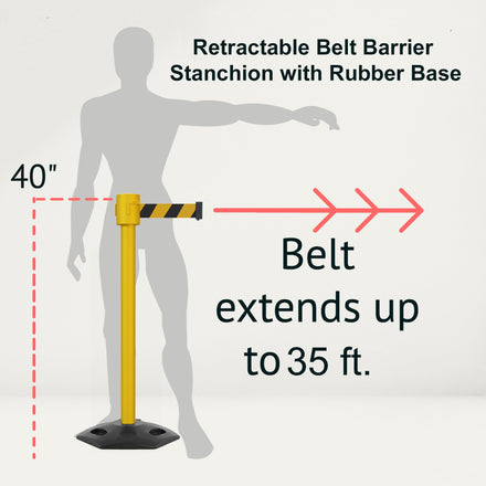 Retractable Belt Barrier Stanchion, Rubber Base, Yellow Post, 35 ft Belt - Montour Line MSR760