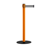 Safety Retractable Belt Barrier Stanchion, Low Profile Steel Base, Orange Post, 9 Ft. Belt - Montour Line MSX630