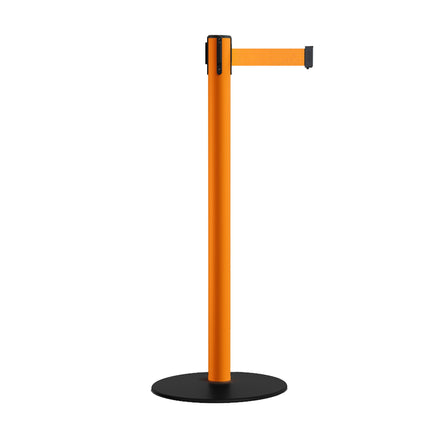 Safety Retractable Belt Barrier Stanchion, Low Profile Steel Base, Orange Post, 11 Ft. Belt - Montour Line MSX630