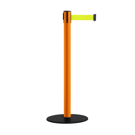 Safety Retractable Belt Barrier Stanchion, Low Profile Steel Base, Orange Post, 11 Ft. Belt - Montour Line MSX630