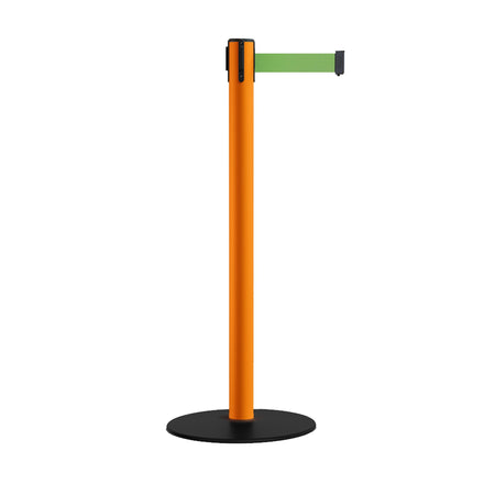 Safety Retractable Belt Barrier Stanchion, Low Profile Steel Base, Orange Post, 11 Ft. Belt - Montour Line MSX630