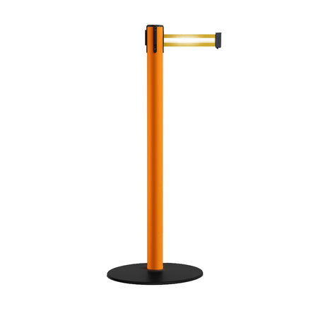 Safety Retractable Belt Barrier Stanchion, Low Profile Steel Base, Orange Post, 11 Ft. Belt - Montour Line MSX630