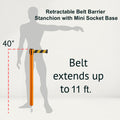 Retractable Belt Barrier Stanchion, Mini Socket Base, Orange Post, 11 ft Belt - Montour Line MSX630SK