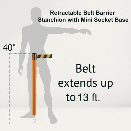 Retractable Belt Barrier Stanchion, Mini Socket Base, Orange Post, 13 ft Belt - Montour Line MSX630SK