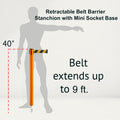 Retractable Belt Barrier Stanchion, Mini Socket Base, Orange Post, 9 ft Belt - Montour Line MSX630SK