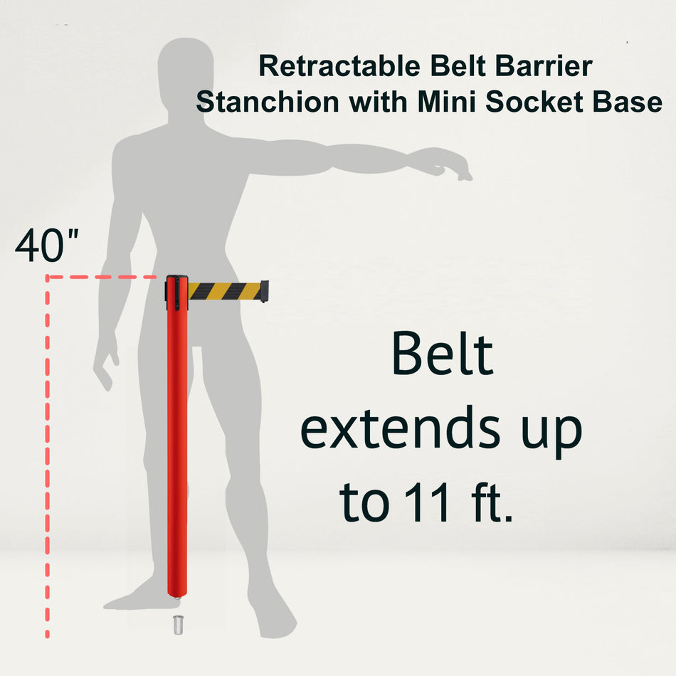 Retractable Belt Barrier Stanchion, Mini Socket Base, Red Post, 11 ft Belt - Montour Line MSX630SK