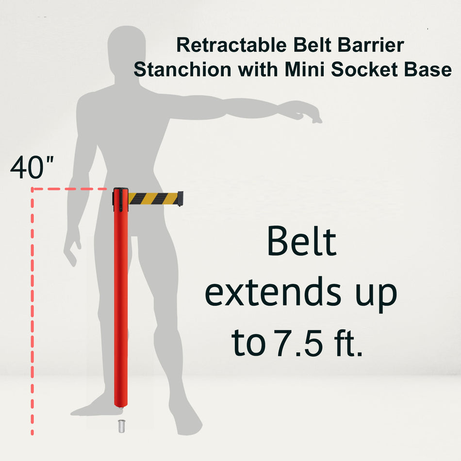 Retractable Belt Barrier Stanchion, Mini Socket Base, Red Post, 7.5 ft Belt - Montour Line MSX630SK