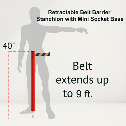 Retractable Belt Barrier Stanchion, Mini Socket Base, Red Post, 9 ft Belt - Montour Line MSX630SK
