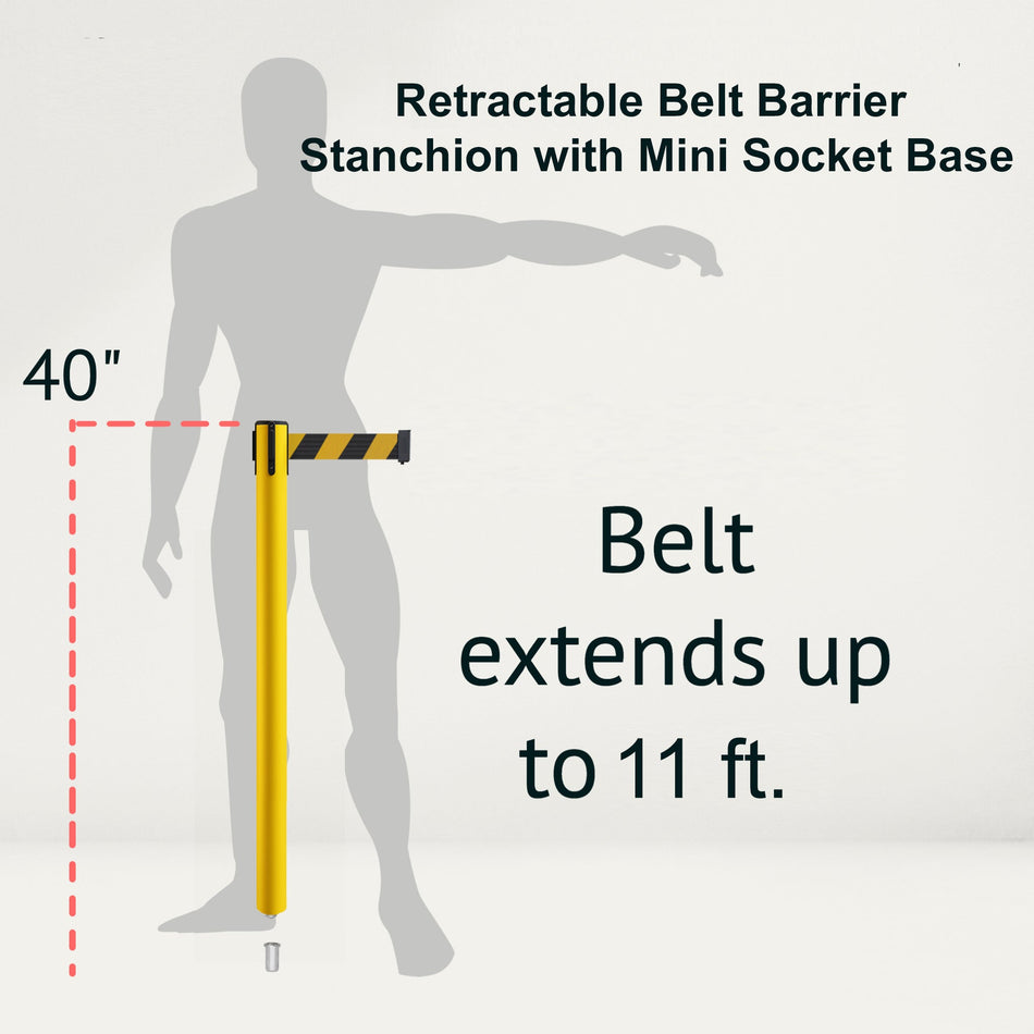 Retractable Belt Barrier Stanchion, Mini Socket Base, Yellow Post, 11 ft Belt - Montour Line MSX630SK