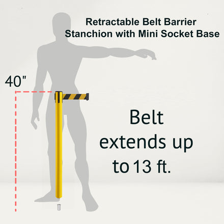 Retractable Belt Barrier Stanchion, Mini Socket Base, Yellow Post, 13 ft Belt - Montour Line MSX630SK