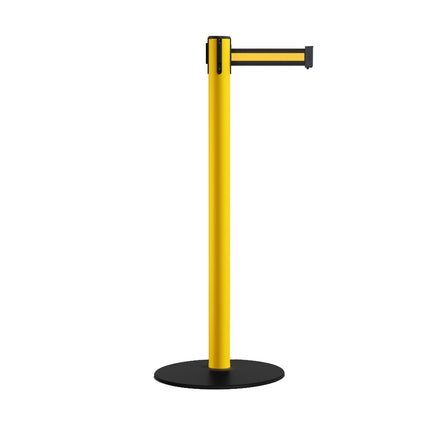 Safety Stanchion Retractable Belt Barriers, Low Profile Steel Base, Yellow Post, 7.5 Ft. Belt - Montour Line MSX630
