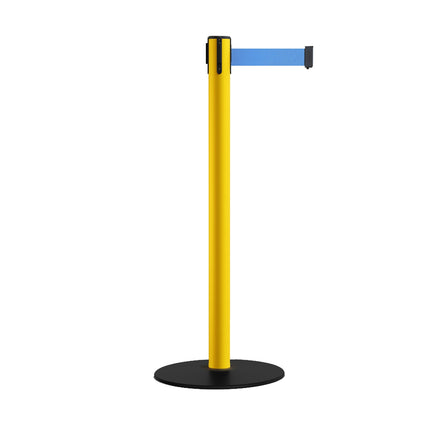 Safety Stanchion Retractable Belt Barriers, Low Profile Steel Base, Yellow Post, 11 Ft. Belt - Montour Line MSX630