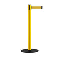 Safety Stanchion Retractable Belt Barriers, Low Profile Steel Base, Yellow Post, 11 Ft. Belt - Montour Line MSX630