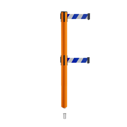 Retractable Dual Belt Barrier Stanchion, Mini Socket Base, Orange Post, 11 ft Belt - Montour Line MSX630DSK