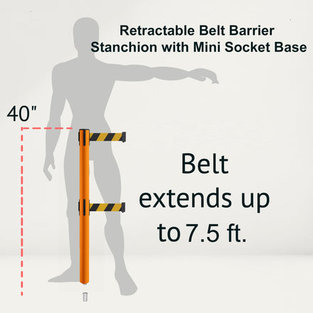 Retractable Dual Belt Barrier Stanchion, Mini Socket Base, Orange Post, 7.5 ft Belt - Montour Line MSX630DSK