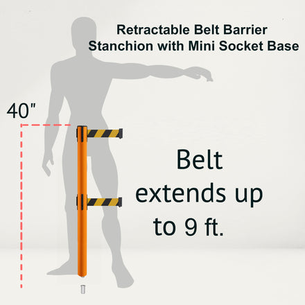 Retractable Dual Belt Barrier Stanchion, Mini Socket Base, Orange Post, 9 ft Belt - Montour Line MSX630DSK